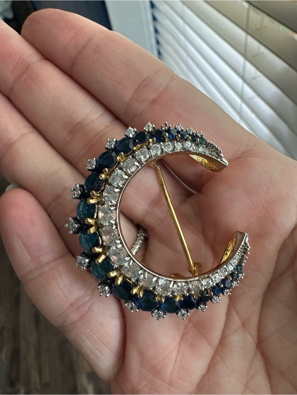 Sterling Silver Blue Sapphire Crescent Moon Brooch | Celestial Pin | Handmade